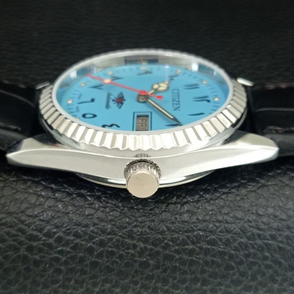 Vintage 1986 Citizen Automatic Mens Silver Watch W/daydate & Blue accents - Picture 5 of 10